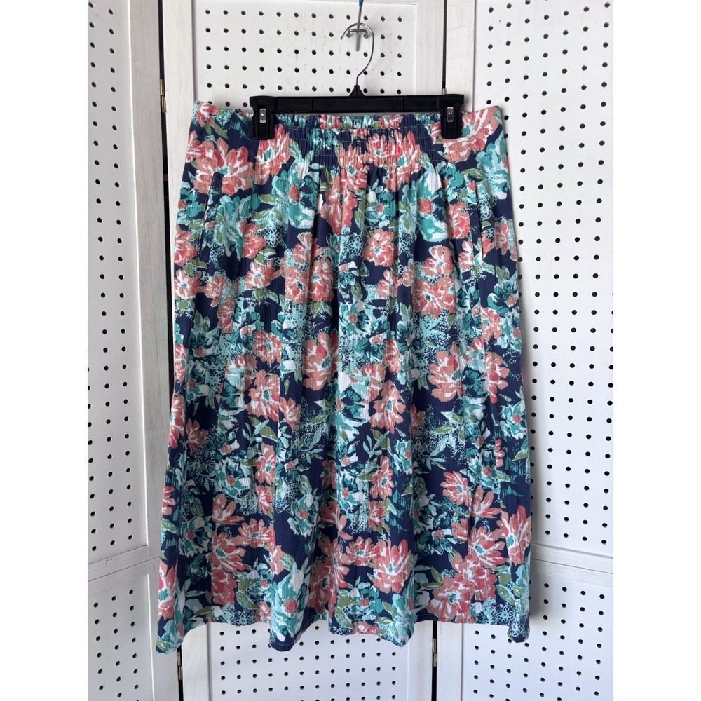 Coldwater Creek Women's PL Floral Midi Pull On Skirt 100% Cotton Pockets
